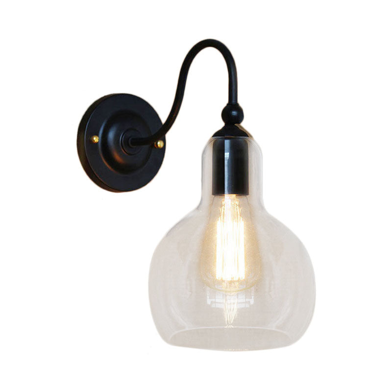 Black Industrial Wall Sconce With Clear Glass Gourd Shade - Single Bulb Corridor Lighting Fixture