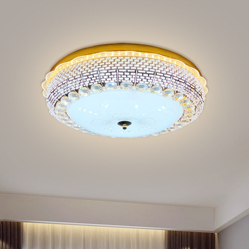 Modern Fishscale/Net Design Gold Drum LED Flushmount with Crystal Accents for Bedroom Ceiling