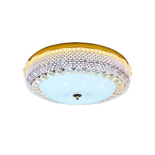 Modern Fishscale/Net Design Gold Drum LED Flushmount with Crystal Accents for Bedroom Ceiling