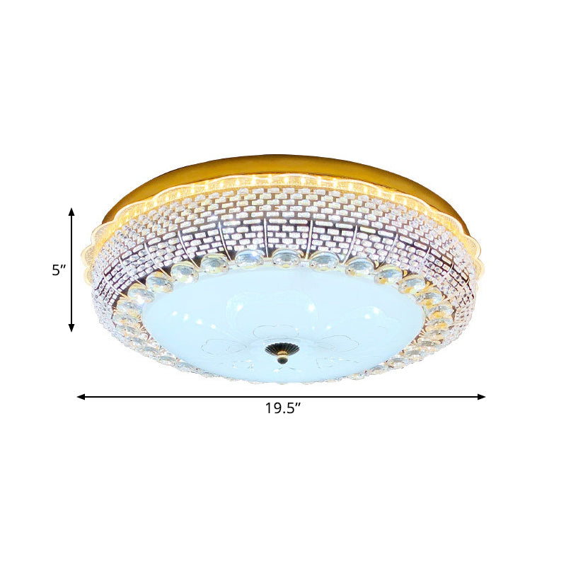 Modern Fishscale/Net Design Gold Drum LED Flushmount with Crystal Accents for Bedroom Ceiling