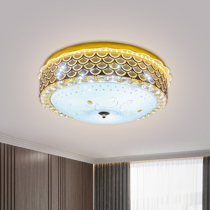 Modern Fishscale/Net Design Gold Drum LED Flushmount with Crystal Accents for Bedroom Ceiling