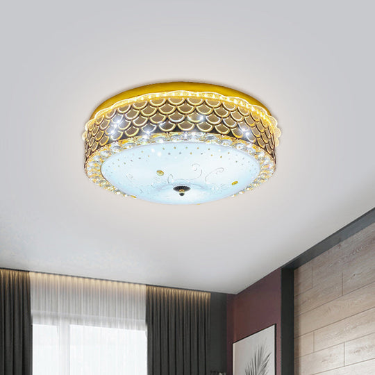 Modern Fishscale/Net Design Gold Drum LED Flushmount with Crystal Accents for Bedroom Ceiling