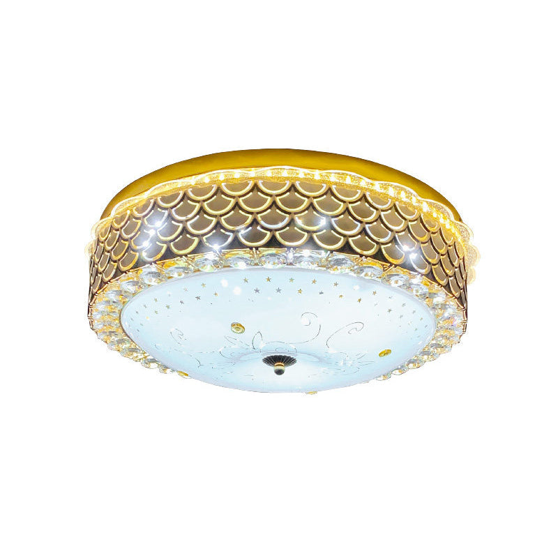 Modern Fishscale/Net Design Gold Drum LED Flushmount with Crystal Accents for Bedroom Ceiling