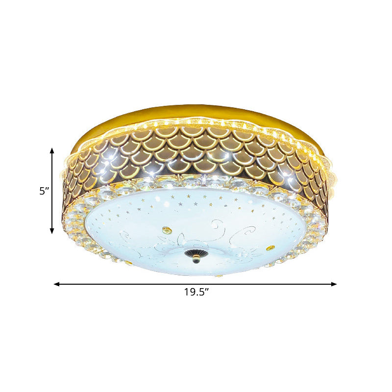 Modern Fishscale/Net Design Gold Drum LED Flushmount with Crystal Accents for Bedroom Ceiling