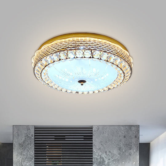 Modern Fishscale/Net Design Gold Drum LED Flushmount with Crystal Accents for Bedroom Ceiling