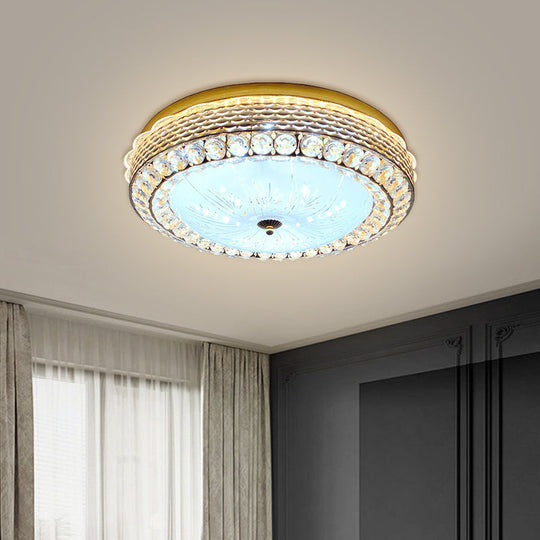 Modern Fishscale/Net Design Gold Drum LED Flushmount with Crystal Accents for Bedroom Ceiling