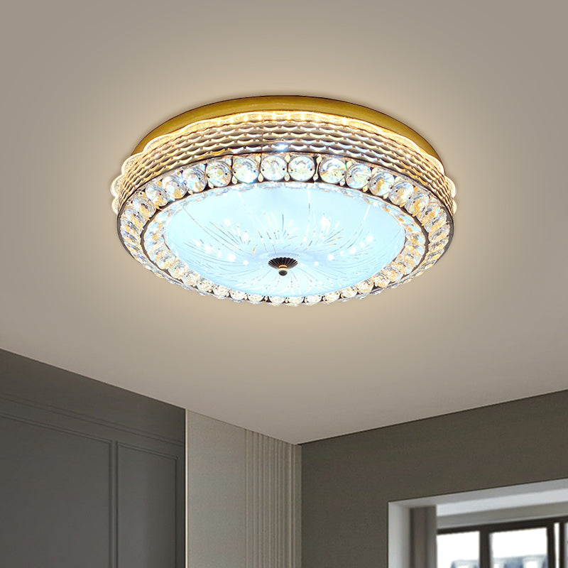 Modern Fishscale/Net Design Gold Drum LED Flushmount with Crystal Accents for Bedroom Ceiling