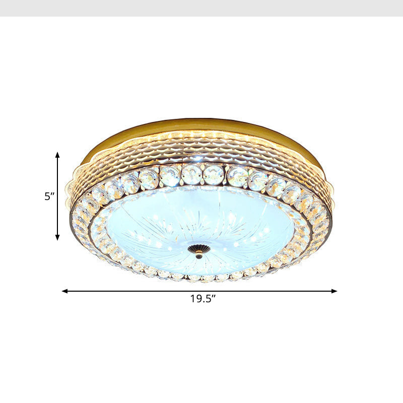 Modern Fishscale/Net Design Gold Drum LED Flushmount with Crystal Accents for Bedroom Ceiling