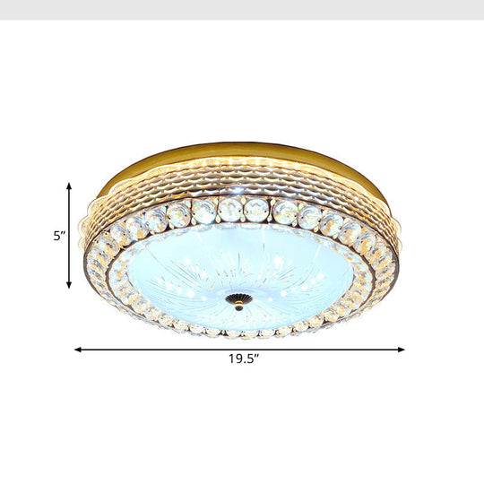 Modern Fishscale/Net Design Gold Drum LED Flushmount with Crystal Accents for Bedroom Ceiling