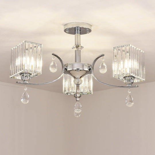 Contemporary Chrome Crystal Cuboid Ceiling Mount Chandelier - 3/6-Head Semi Flush Light