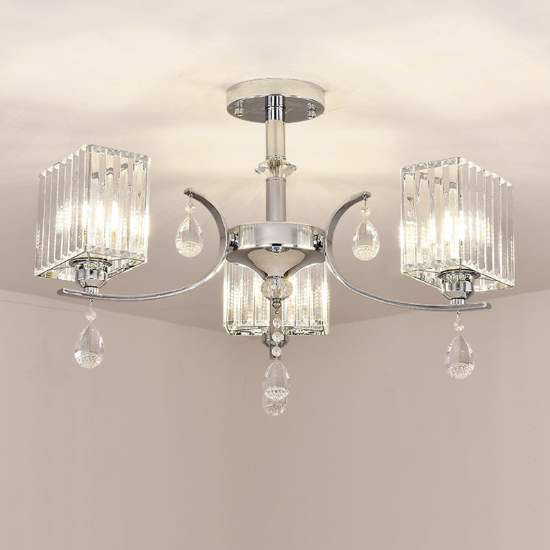 Contemporary Chrome Crystal Cuboid Ceiling Mount Chandelier - 3/6-Head Semi Flush Light 3 /