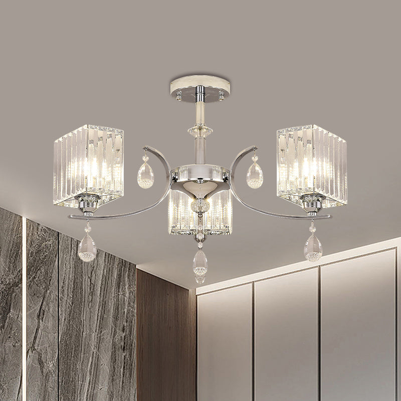 Contemporary Chrome Crystal Cuboid Ceiling Mount Chandelier - 3/6-Head Semi Flush Light