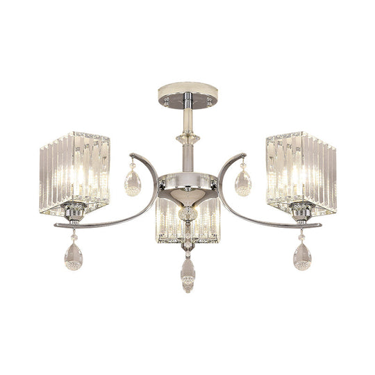 Contemporary Chrome Crystal Cuboid Ceiling Mount Chandelier - 3/6-Head Semi Flush Light