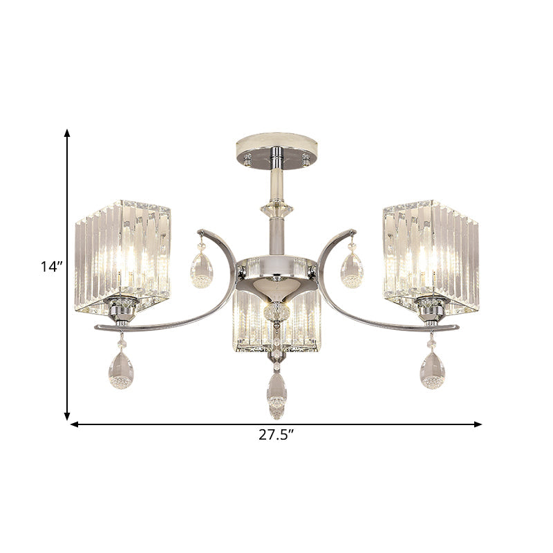 Contemporary Chrome Crystal Cuboid Ceiling Mount Chandelier - 3/6-Head Semi Flush Light