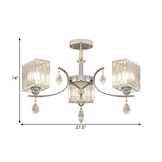 Contemporary Chrome Crystal Cuboid Ceiling Mount Chandelier - 3/6-Head Semi Flush Light