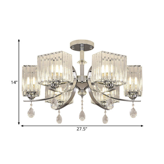 Contemporary Chrome Crystal Cuboid Ceiling Mount Chandelier - 3/6-Head Semi Flush Light