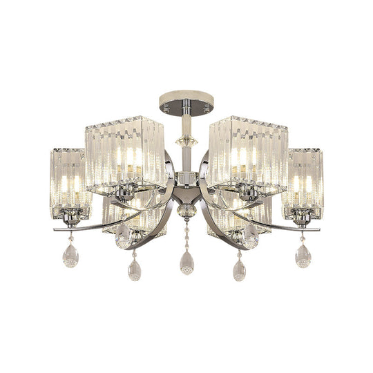 Contemporary Chrome Crystal Cuboid Ceiling Mount Chandelier - 3/6-Head Semi Flush Light