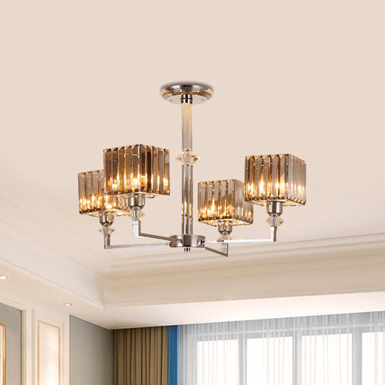 Modern 4/6-Head Semi Flush Mount Chandelier in Chrome with Crystal Cuboid Shade for Bedroom Ceiling