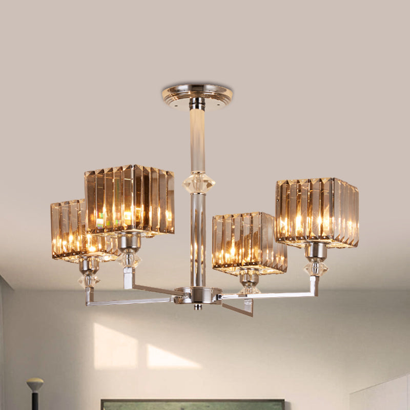 Modern 4/6-Head Semi Flush Mount Chandelier in Chrome with Crystal Cuboid Shade for Bedroom Ceiling