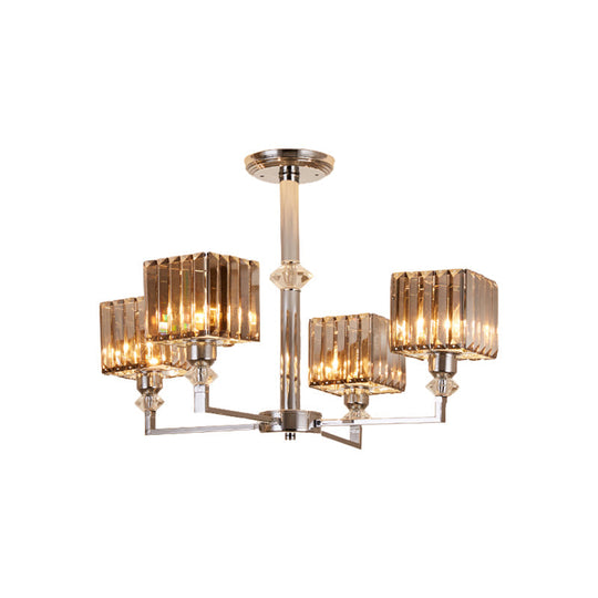 Modern 4/6-Head Semi Flush Mount Chandelier in Chrome with Crystal Cuboid Shade for Bedroom Ceiling