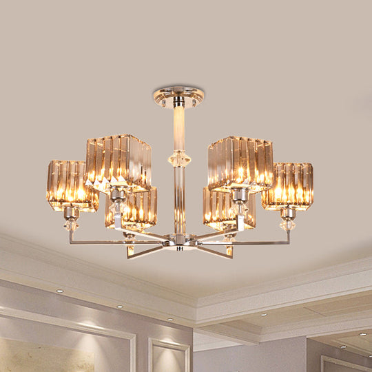 Modern 4/6-Head Semi Flush Mount Chandelier in Chrome with Crystal Cuboid Shade for Bedroom Ceiling