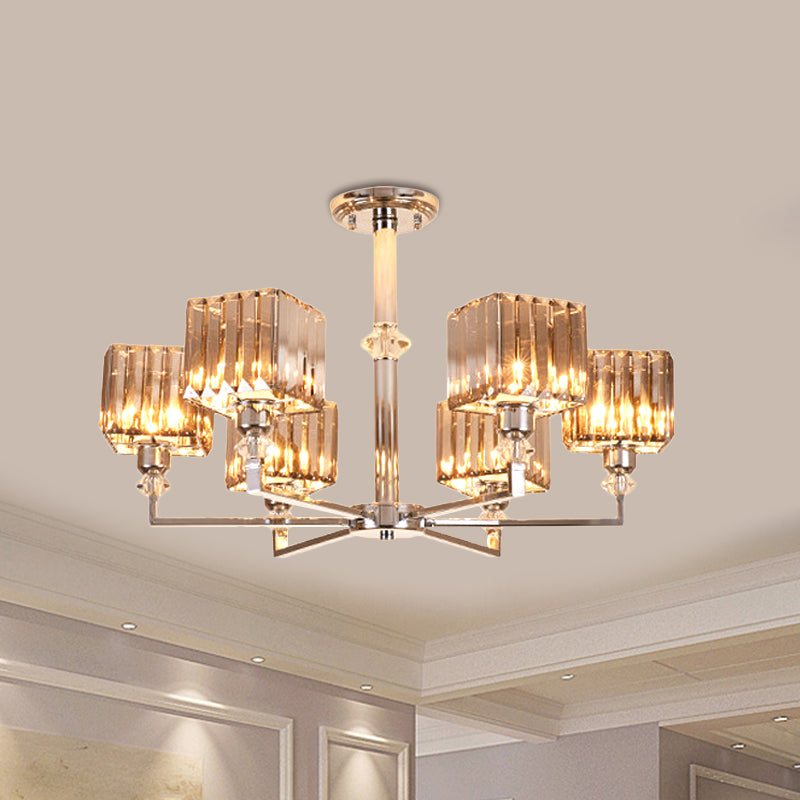 Modern 4/6-Head Semi Flush Mount Chandelier In Chrome With Crystal Cuboid Shade For Bedroom Ceiling