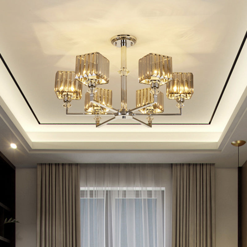 Modern 4/6-Head Semi Flush Mount Chandelier in Chrome with Crystal Cuboid Shade for Bedroom Ceiling