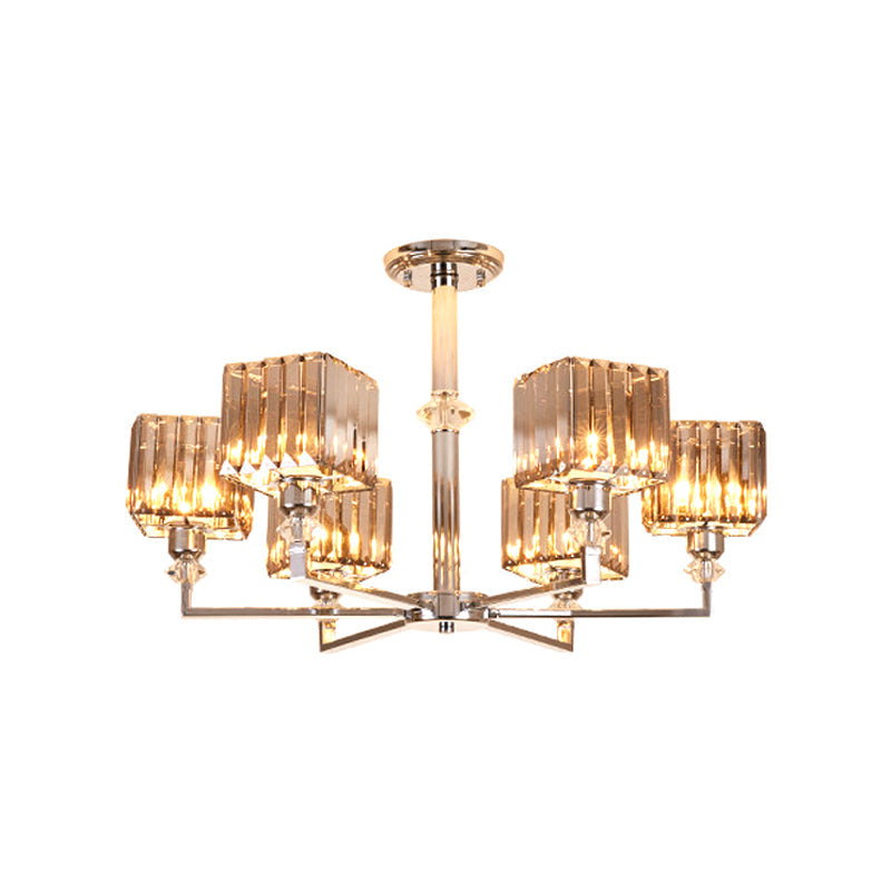 Modern 4/6-Head Semi Flush Mount Chandelier in Chrome with Crystal Cuboid Shade for Bedroom Ceiling