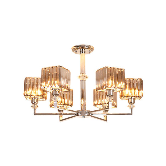 Modern 4/6-Head Semi Flush Mount Chandelier in Chrome with Crystal Cuboid Shade for Bedroom Ceiling