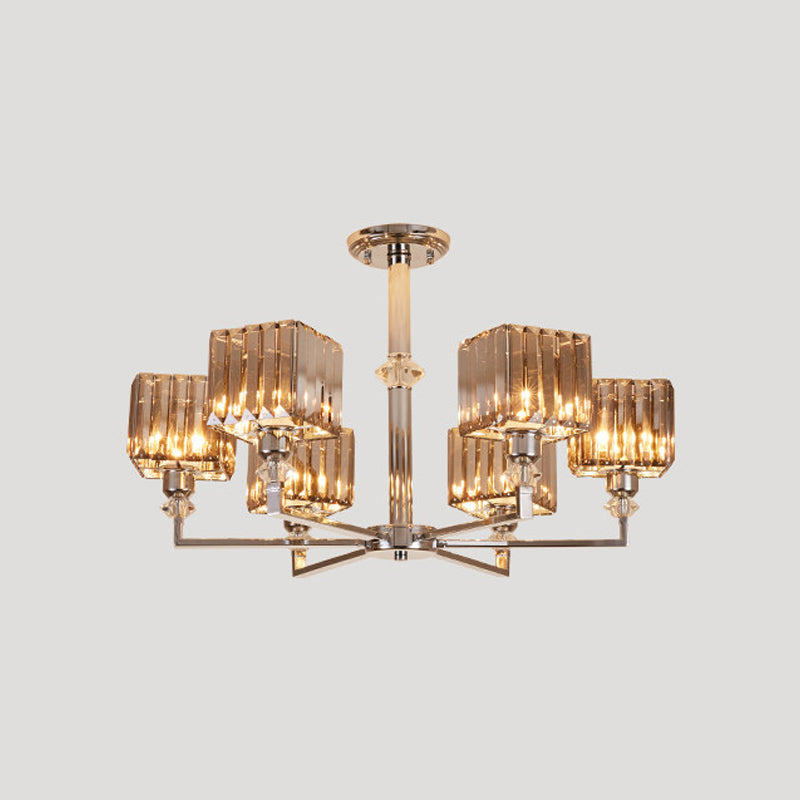 Modern 4/6-Head Semi Flush Mount Chandelier in Chrome with Crystal Cuboid Shade for Bedroom Ceiling