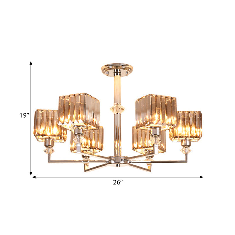 Modern 4/6-Head Semi Flush Mount Chandelier in Chrome with Crystal Cuboid Shade for Bedroom Ceiling