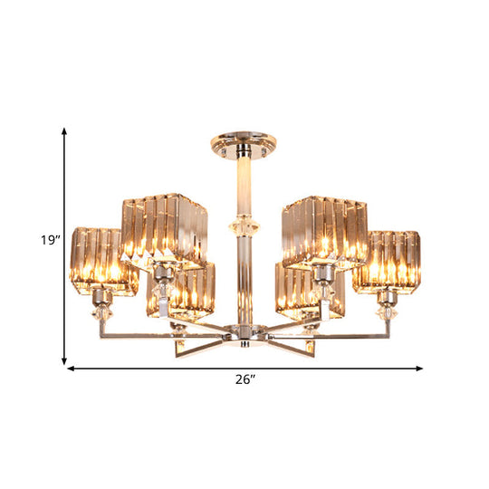 Modern 4/6-Head Semi Flush Mount Chandelier In Chrome With Crystal Cuboid Shade For Bedroom Ceiling