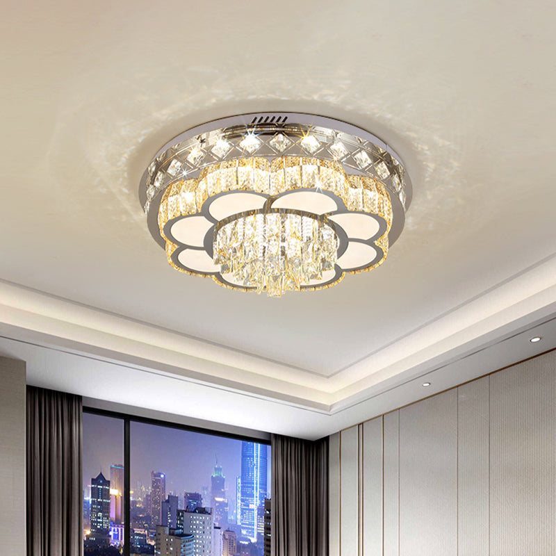 Modern Stainless Steel LED Flushmount Ceiling Light with Cut Crystal Floral Design