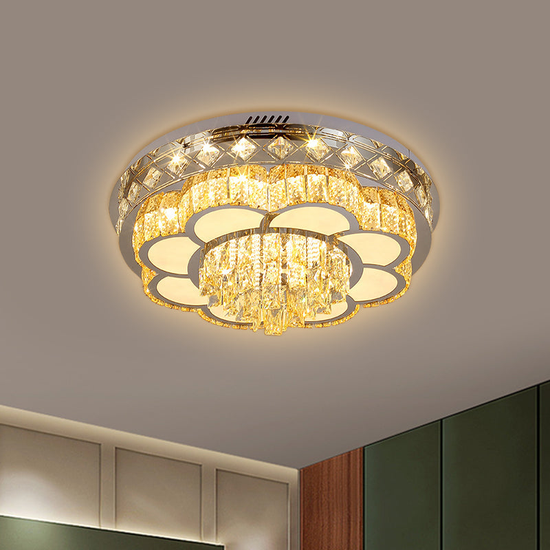 Modern Stainless Steel LED Flushmount Ceiling Light with Cut Crystal Floral Design