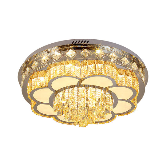 Modern Stainless Steel LED Flushmount Ceiling Light with Cut Crystal Floral Design