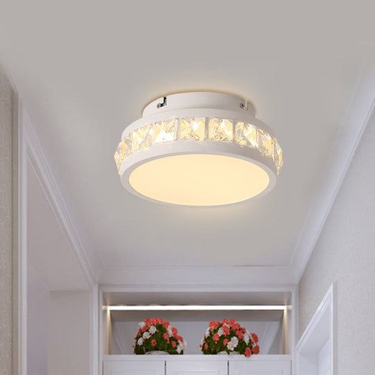 Simple Round Corridor Ceiling Lamp With Beveled Crystal Led Flush Mount Light White