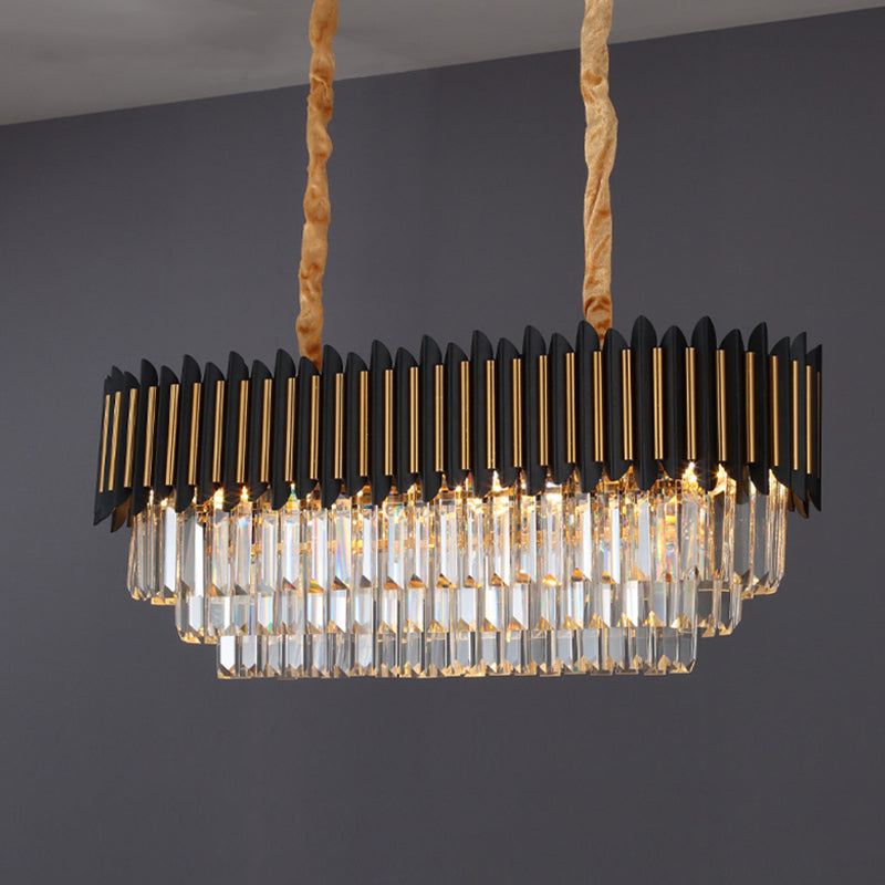 Modern Crystal Rod Black-Gold Island Hanging Lamp With Layered Elliptical Shades - 8 Lights