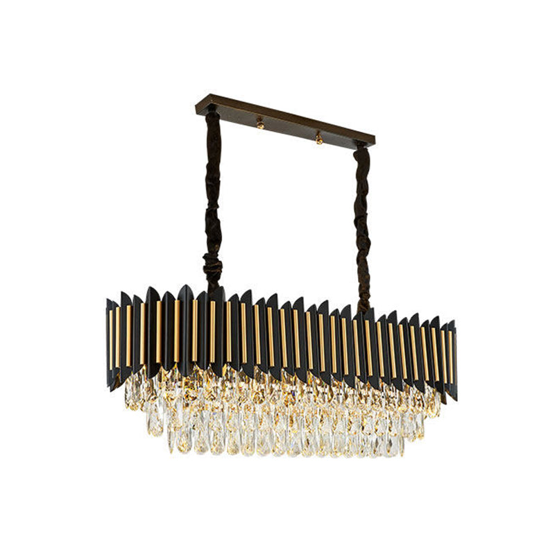 Modern Crystal Rod Black-Gold Island Hanging Lamp With Layered Elliptical Shades - 8 Lights