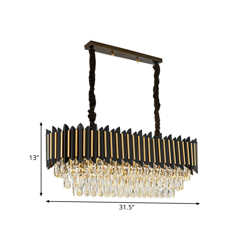 Modern Crystal Rod Black-Gold Island Hanging Lamp With Layered Elliptical Shades - 8 Lights