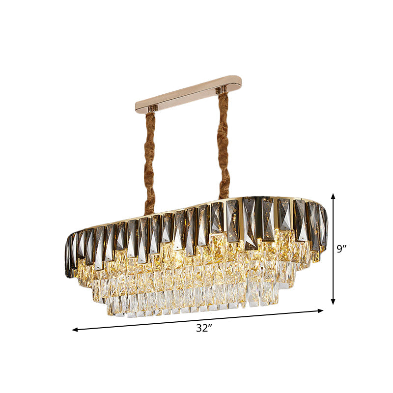 10-Bulb Smoke Grey Crystal Island Ceiling Light With Modern 3-Tier Oblong Design