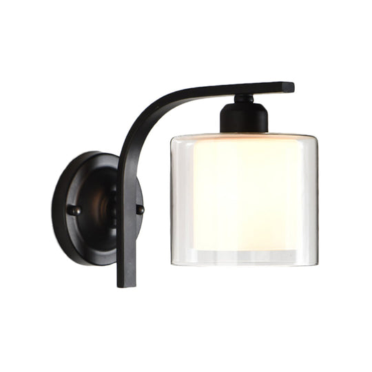 Industrial Clear Glass Wall Mounted Lamp Single Bulb Sconce Light With Curved Arm In Black - Bedroom