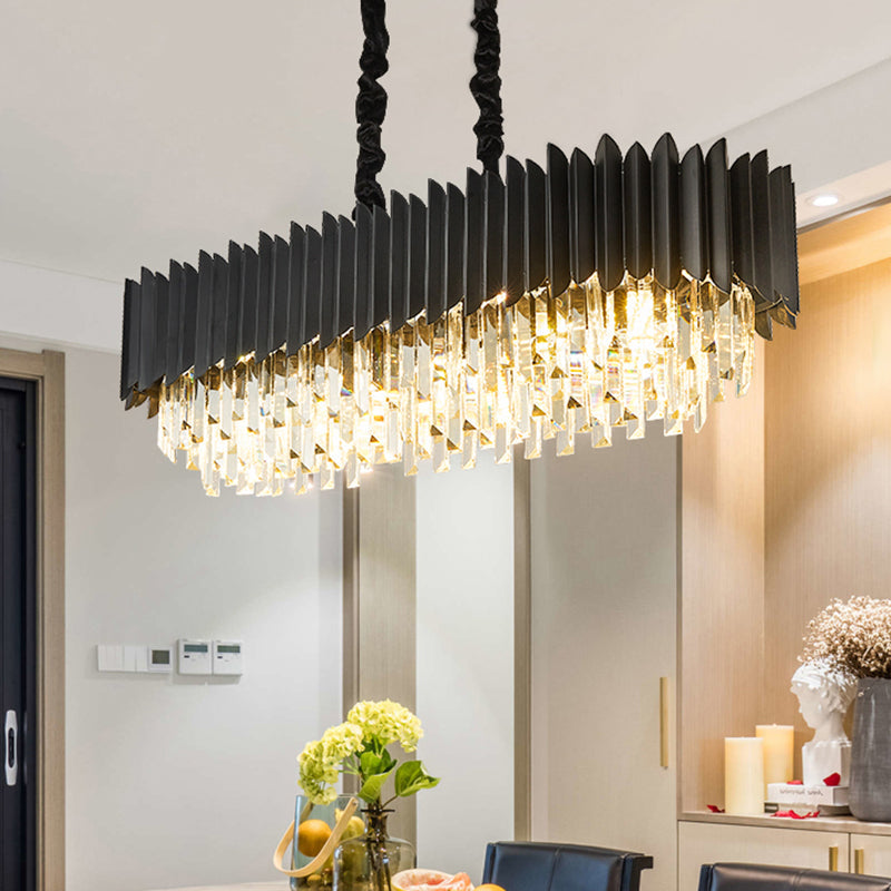 Modern Black Crystal Rod Island Light - 6/8-Light Tri-Sided Ceiling Suspension Lamp