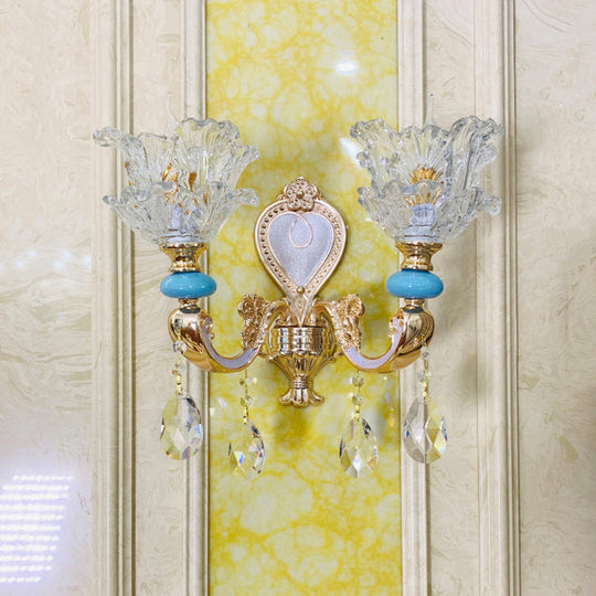 Traditional Layered Flower Wall Light Kit - Gold-Blue Clear Crystal 1/2-Head Lighting 2 / Gold