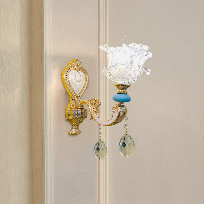 Traditional Layered Flower Wall Light Kit - Gold-Blue Clear Crystal 1/2-Head Lighting 1 / Gold