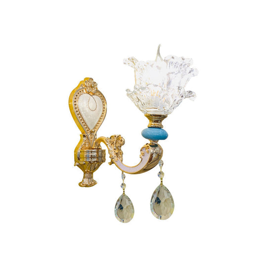 Traditional Layered Flower Wall Light Kit - Gold-Blue Clear Crystal 1/2-Head Lighting