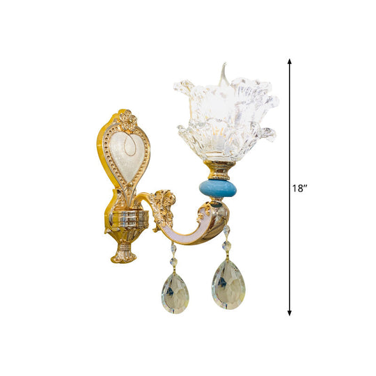 Traditional Layered Flower Wall Light Kit - Gold-Blue Clear Crystal 1/2-Head Lighting