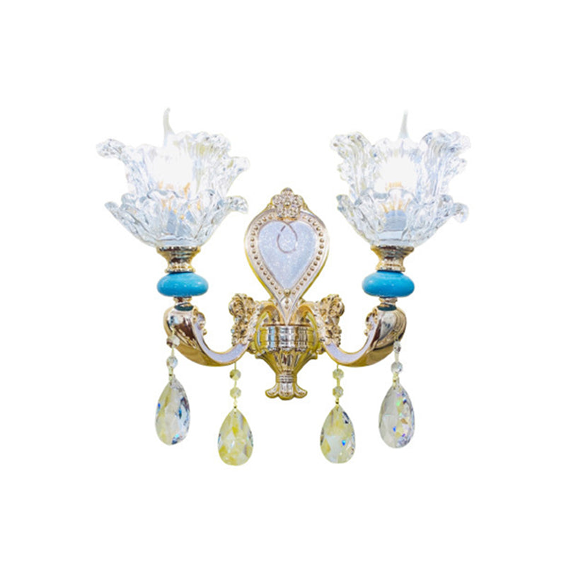 Traditional Layered Flower Wall Light Kit - Gold-Blue Clear Crystal 1/2-Head Lighting