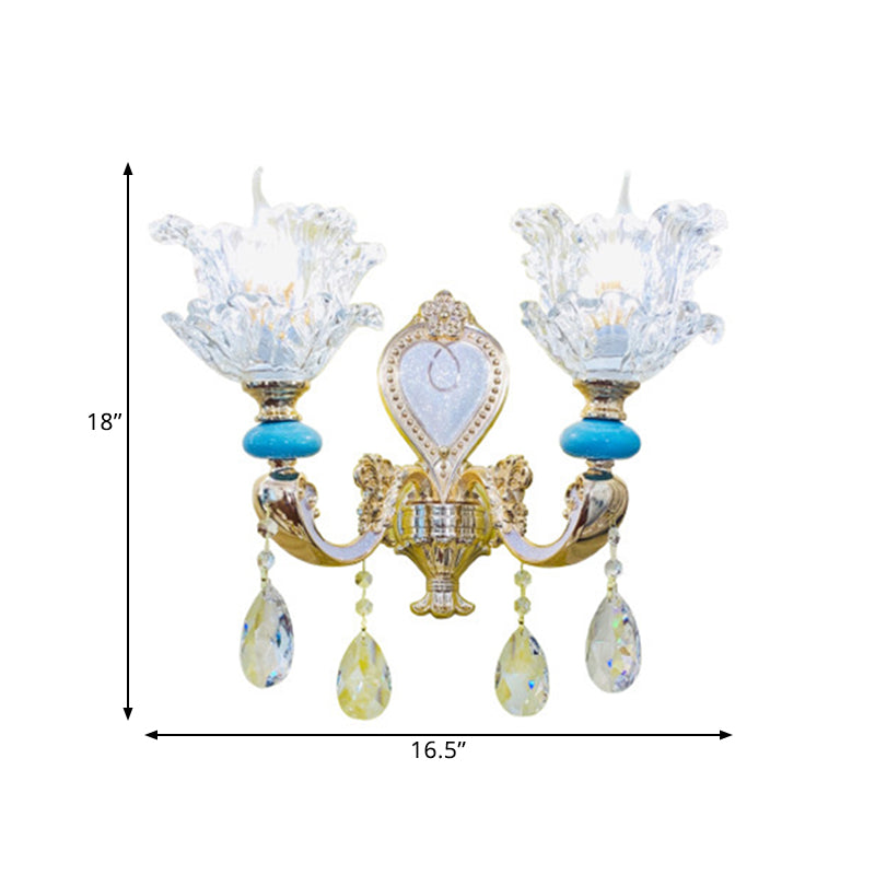 Traditional Layered Flower Wall Light Kit - Gold-Blue Clear Crystal 1/2-Head Lighting