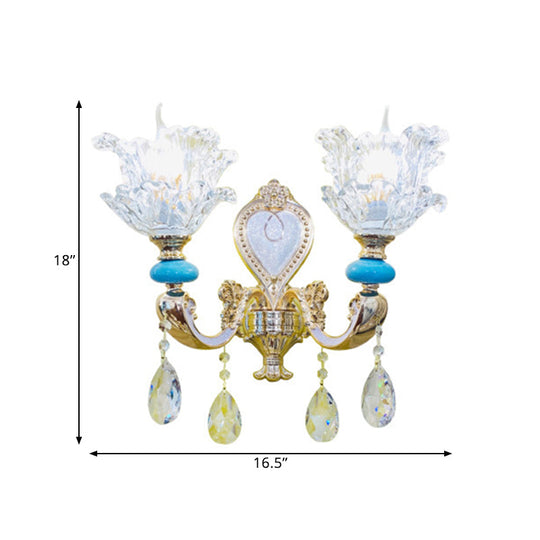 Traditional Layered Flower Wall Light Kit - Gold-Blue Clear Crystal 1/2-Head Lighting