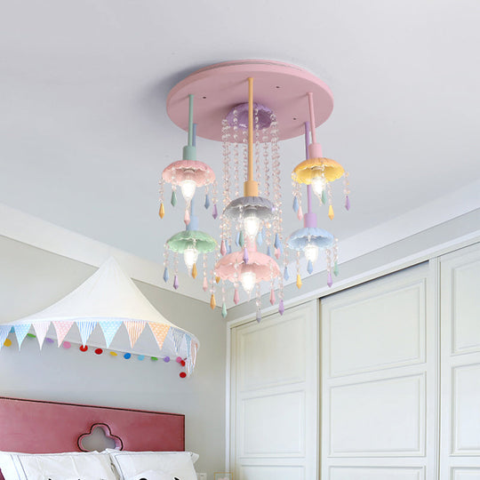 Macaron Beaded Crystal 7-Light Pink Semi Flush Mount Ceiling Light for Girls' Bedroom